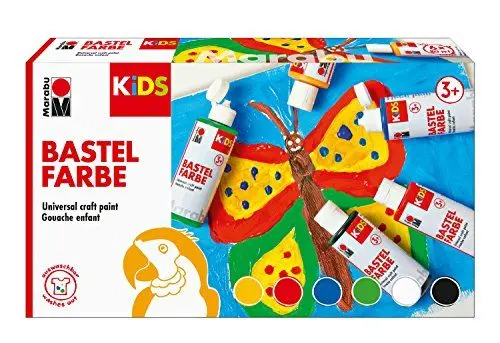 Produktbild: Marabu 0304000000001 - Kids Set 6x 80 ml Bastelfarbe für Kinder ab 3 Jahre, parabenfrei, vegan, gut deckend, schnell trocknend auf Papier, Holz, Stein, auswaschbar aus den meisten Textilien bei 30°