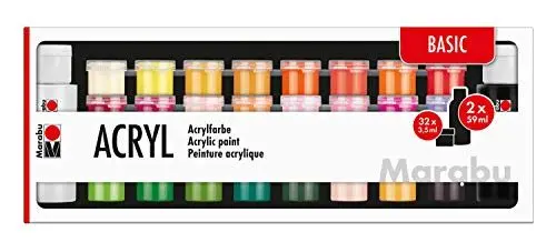 Produktbild: Marabu 1210000000208 - Großes Einsteigerset Acrylfarben Basic, 32 x 3,5 ml und 2 x 59 ml, auf Wasserbasis, wasserfest und lichtbeständig, schnelltrocknend für Keilrahmen, Papier, Pappe, Holz