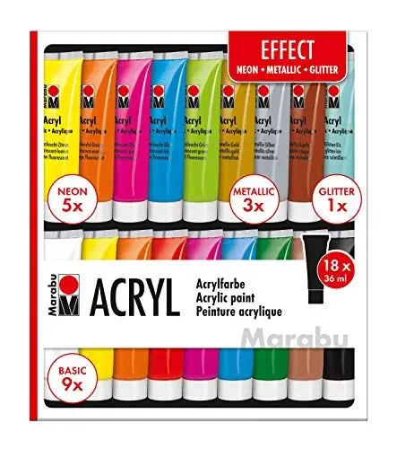 Produktbild: Marabu 1210000000209 - Acrylfarben Set Effect, mit 18 x 36 ml Farbe, 9 x Basic, 5 x Neon, 3 x Metallic und 1 x Glitter, auf Wasserbasis, für viele Untergründe geeignet, schnell trocknend, wasserfest