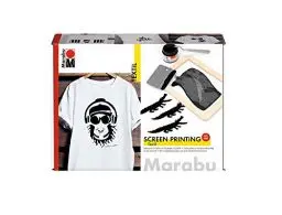 Produktbild: Marabu 1703000000082 - Textil Screen Printing Set, Siebdruckset für helle und dunkle Textilien mit 100 ml Druckfarbe in schwarz, einem Siebrahmen, einem Rakel und einem Malmesser