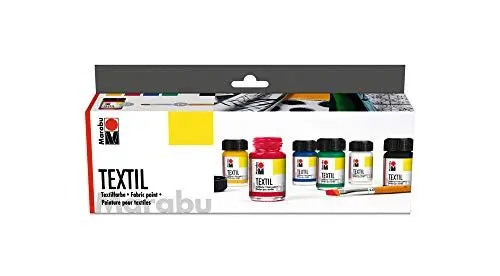 Produktbild: Marabu 1716000000087 - Textil Starter Set Grundfarben, Stoffmalfarbe, Wasserbasis, für helle Stoffe, weicher Griff, waschbeständig bis 60°C, für Stoffmalerei und -druck, 6 x 15 ml Farbe und Pinsel