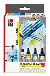 Produktbild: Marabu 1719000000084 - Fashion Spray, Cool Denim, Textilsprühfarbe auf Wasserbasis, für helle Textilien, einfache Fixierung, waschbeständig bis 40°C, 3 x 100 ml Farbe und 25 ml Fashion Liner