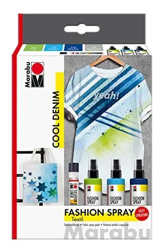 Produktbild: Marabu 1719000000084 - Fashion Spray, Cool Denim, Textilsprühfarbe auf Wasserbasis, für helle Textilien, einfache Fixierung, waschbeständig bis 40°C, 3 x 100 ml Farbe und 25 ml Fashion Liner