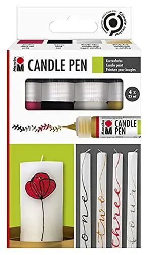 Produktbild: Marabu 1805000000086 - Kerzenstifte Candle Pen, 4 x 25 ml Farbe auf Wasserbasis, lichtecht, geruchsneutral, wetterfest, für kinderleichte Kerzendekoration, 4 Farben