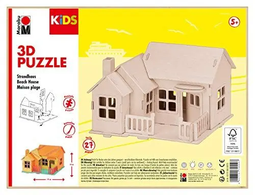 Produktbild: Marabu 317000000013 - KiDS 3D Holzpuzzle Strandhaus, mit 27 Puzzleteilen aus FSC-zertifiziertem Holz, ca. 19 x 14 cm groß, einfache Stecktechnik, zum individuellen Bemalen und Gestalten