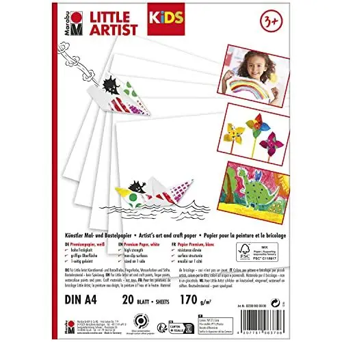 Produktbild: Marabu KiDS Little Artist, Künstlermal- und Bastelpapier DIN A4, 170 g/m², 20 Blätter aus FSC-zertifiziertem Papier, für Bastelfarbe, Fingerfarbe, Wasserfarbe und Stifte, 0320000000100