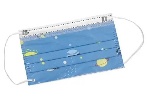Produktbild: MARARDI Hygienische Masken für Kinder (Pack 30 Stück) zugelassen (Blaue Planeten) Hohe Filtration mit Nasenklammer, faltbar, verstellbar (nicht wiederverwendbar) Einweg, 3 Schichten