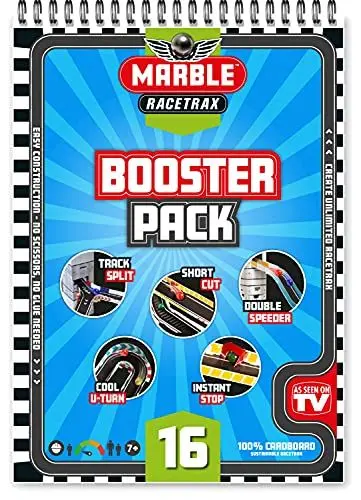 Produktbild: Marble Racetrax 869201 - Murmel Mania Rennbahn Zubehör Set 16 teilig, Kugelbahn Erweiterung mit 5 Stunts, Murmelbahn Bastelset, Bauset aus FSC Karton, Konstruktionsset für Kinder ab 7 Jahre