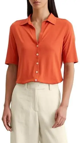 Produktbild: Marc O'Polo Damen Kurzarmbluse mit klassischem Kentkragen Regular Fit, Rot (Burnt Red), S