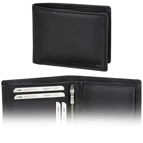 Produktbild: Marc Peter® Echt-Leder Geldbörse Hanover | Geldbeutel für Herren mit RFID-Schutz | Groß 10 Fächer Portmonee | Schwarz Nappa Portemonnaie