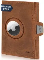 Produktbild: Marc Peter® Jupiter Airtag Echtleder Geldbörse mit Münzfach | Kleines Airtag Portemonnaie für Herren mit RFID | Apple Airtag Mini Geldbörse für Männer | Kreditkartenetui für bis zu 11 Karten Bräune