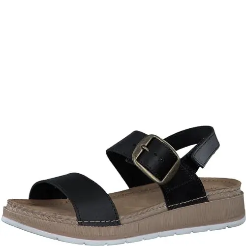 Produktbild: MARCO TOZZI Damen Sandalen flach aus Leder mit Klettverschluss, Schwarz (Schwarz), 38 EU