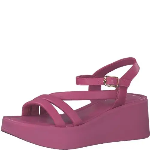 Produktbild: MARCO TOZZI Damen Sandalen mit Keilabsatz mit Verstellbarem Riemen aus Leder, Rosa (Fuxia), 38 EU