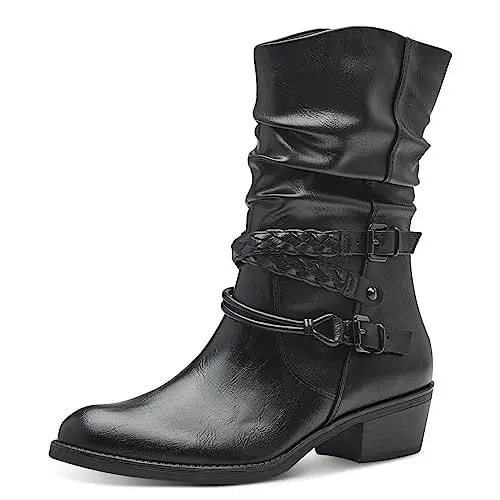 Produktbild: MARCO TOZZI Damen Stiefeletten mit Absatz aus Kunstleder mit Schnallen, Schwarz (Black), 37