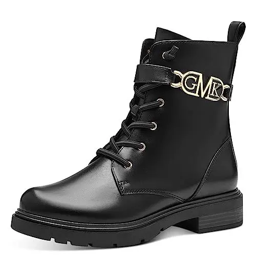 Produktbild: MARCO TOZZI by Guido Maria Kretschmer Damen Stiefeletten zum Schnüren aus Kunstleder mit Reißverschluss, Schwarz (Black/Gold), 38 EU