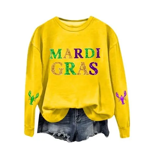Produktbild: Mardi Karneval Sweatshirt für Damen Briefe Drucken Faschingskostüme Carnival Gift Karnevalskleidung Karneval Kostüm Pullover Tops Damen Abend Club Oberteil (Yellow, XL)