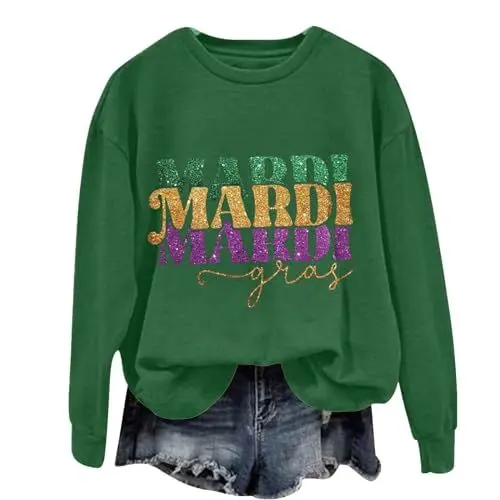 Produktbild: Mardi Sweatshirt Damen Karneval Pullover Briefe Drucken Faschingskostüme Carnival Gift Karnevalskleidung Karneval Kostüm Outfit Classic Basic Winter Bluse Tops (Green, XXXL)