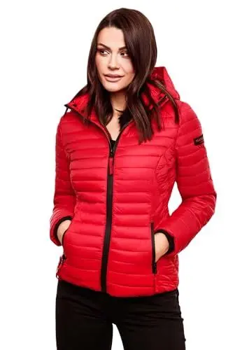 Produktbild: MARIKOO Damen Jacke Steppjacke Übergangsjacke mit Kapuze gesteppt B600 (B600-Samt-Rot-Gr.S)