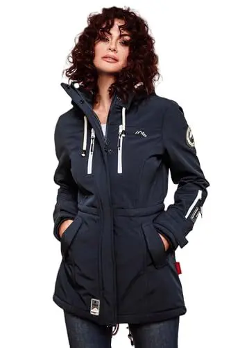 Produktbild: MARIKOO Damen Softshelljacke (XS-3XL) mit Kapuze - Wasserabweisend, Fleece innen, Tasche am Arm, Mantel, Warme Jacke Frauen B614 (XS, Navy)