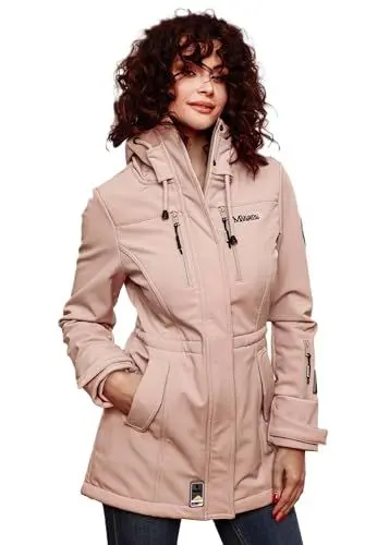 Produktbild: MARIKOO Damen Softshelljacke (XS-3XL) mit Kapuze - Wasserabweisend, Fleece innen, Tasche am Arm, Mantel, Warme Jacke Frauen B614 (XL, Rosa)