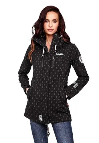Produktbild: MARIKOO Damen Softshelljacke (XS-3XL) mit Kapuze - Wasserabweisend, Fleece innen, Tasche am Arm, Mantel, Warme Jacke Frauen B614 (S, Schwarz-Muster)