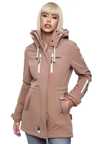 Produktbild: MARIKOO Damen Softshelljacke (XS-3XL) mit Kapuze - Wasserabweisend, Fleece innen, Tasche am Arm, Mantel, Warme Jacke Frauen B614 (L, Terrakotta)