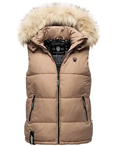 Produktbild: MARIKOO Damen Winter Weste Steppweste mit Kapuze und Fellkragen B896 (B896-Eisflöckchen-Taupe-Gr.M)