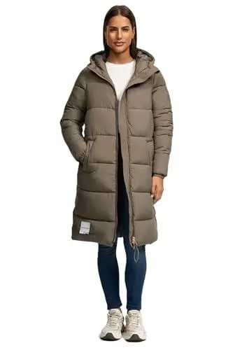 Produktbild: MARIKOO Damen Winterjacke (S-3XL) - Steppjacke, lang geschnitten, gefütterte Kapuze mit Kordelzug, Warme Jacke Frauen - N024 (L, Stone-Brown)