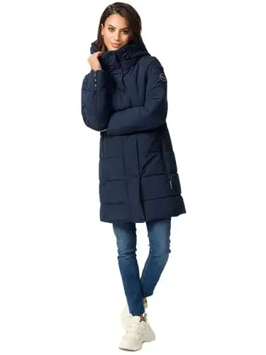 Produktbild: MARIKOO Damen Winterjacke Stepp Winter Jacke Übergang Steppjacke lang warm Kapuze B987 (B987-Karumik-Navy-Gr.M)
