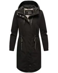 Produktbild: MARIKOO Damen Winterjacke (XS-6XL) - Übergangsjacke, lang geschnitten, Kapuze mit Kordelzug, Warme Jacke Frauen - N017 (L, Schwarz)