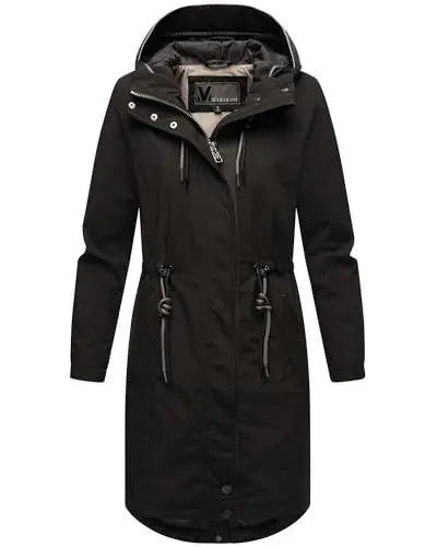 Produktbild: MARIKOO Damen Winterjacke (XS-6XL) - Übergangsjacke, lang geschnitten, Kapuze mit Kordelzug, Warme Jacke Frauen - N017 (L, Schwarz)