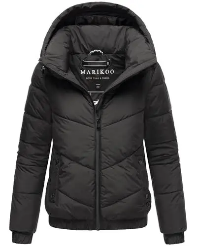 Produktbild: MARIKOO Damen Winterjacke (XS-XXL) - Abnehmbare Kapuze, hoher Kragen, 4 Taschen, leichte Steppjacke, Warme Jacke Frauen - N002 (XS, Schwarz)