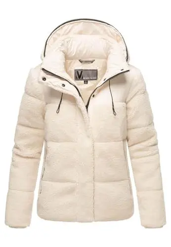 Produktbild: MARIKOO Damen Winterjacke (XS-XXL) - hochstehender und gefütterter Kragen, 4 Taschen, große Kapuze, Teddy-Puffer-Jacke, Warme Jacke Frauen - N030 (L, Offwhite)