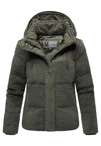 Produktbild: MARIKOO Damen Winterjacke (XS-XXL) - hochstehender und gefütterter Kragen, 4 Taschen, große Kapuze, Teddy-Puffer-Jacke, Warme Jacke Frauen - N030 (M, Olive)