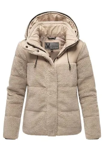 Produktbild: MARIKOO Damen Winterjacke (XS-XXL) - hochstehender und gefütterter Kragen, 4 Taschen, große Kapuze, Teddy-Puffer-Jacke, Warme Jacke Frauen - N030 (S, Li-Taupe)