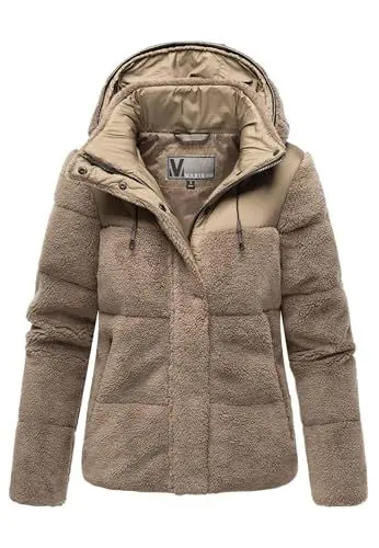 Produktbild: MARIKOO Damen Winterjacke (XS-XXL) - hochstehender und gefütterter Kragen, 4 Taschen, große Kapuze, Teddy-Puffer-Jacke, Warme Jacke Frauen - N030 (XL, St-Brown)