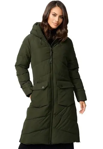 Produktbild: MARIKOO Damen Wintermantel (XS-XXL) - Leicht, Wasserabweisend, Steppmantel, 4 Taschen, 2 Wege Reißverschluss, Warme Jacke Frauen B984 (S, Olive)