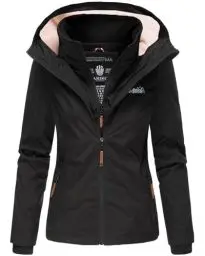Produktbild: MARIKOO Designer Damen Übergangs Jacke leicht gefüttert Kapuze kurz B659 (B659-Erdbeer-Schwarz-Gr.L)