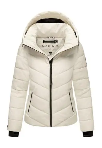 Produktbild: MARIKOO Winterjacke Damen (XS-3XL) - Wasserabweisend, Warm, Kapuze abnehmbar, Winddicht - Steppjacke, Frauen - Stehkragen, 4 Taschen, verlängerter Zipper - Offwhite M