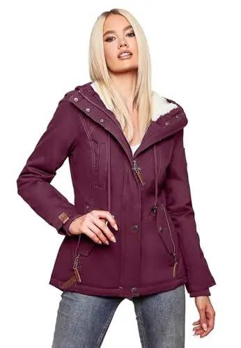 Produktbild: MARIKOO warme Damen Winter Jacke Teddyfell gefütterte Winterjacke B802 (B802-Bik-Weinrot-Gr.L)