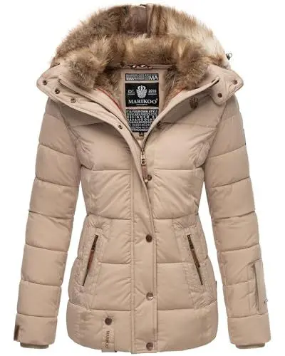 Produktbild: MARIKOO warme Damen Winter Jacke Winterjacke Steppjacke gefüttert Kunstfell B658 (B658-Nek-Light-Taupe-Gr.L)