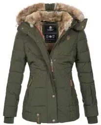 Produktbild: MARIKOO warme Damen Winter Jacke Winterjacke Steppjacke gefüttert Kunstfell B658 (B658-Nek-Olive-Gr.XS)