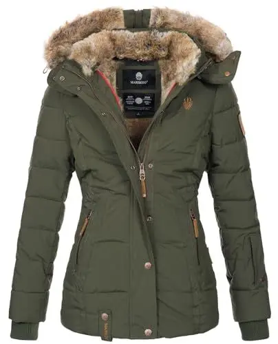 Produktbild: MARIKOO warme Damen Winter Jacke Winterjacke Steppjacke gefüttert Kunstfell B658 (B658-Nek-Olive-Gr.XS)
