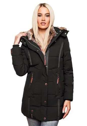 Produktbild: MARIKOO warme Damen Winter Jacke Winterjacke Steppjacke gefüttert Kunstfell B658 (B658-Nek-Schwarz-Gr.XS)
