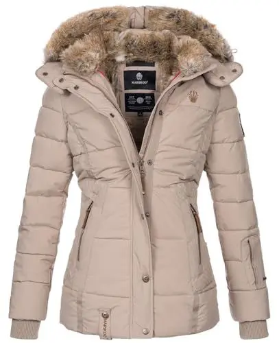 Produktbild: MARIKOO warme Damen Winter Jacke Winterjacke Steppjacke gefüttert Kunstfell B658 (B658-Nek-Taupe-Gr.M)