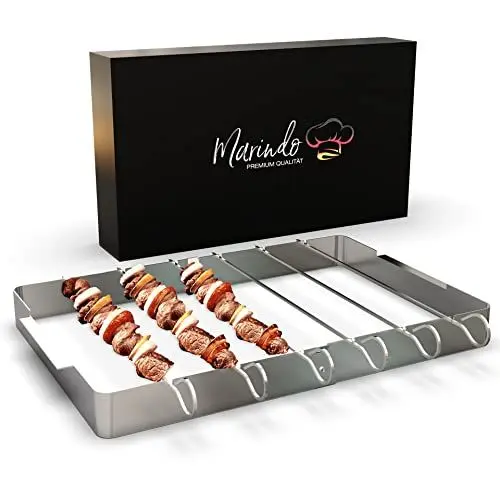 Produktbild: Marindo BBQ Grill- und Schaschlikspieße Edelstahl 6er Set – 6 Grillspieße 31cm lang & Gestell | Grillspieße für Schaschlikgrill | Schaschlik Fleischspieße