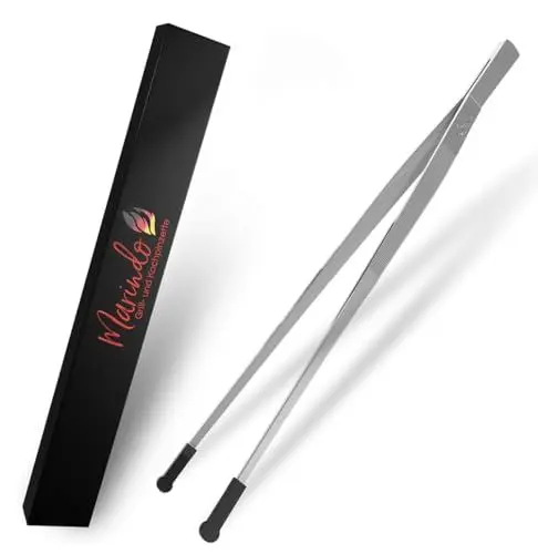 Produktbild: Marindo® Grillpinzette | Kochpinzette | Küchenpinzette | 30cm lang | rostfreier Edelstahl | spülmaschinenfest | gerade Form | Fleischpinzette | Bratpinzette (Edelstahl 30cm Silikonspitzen)