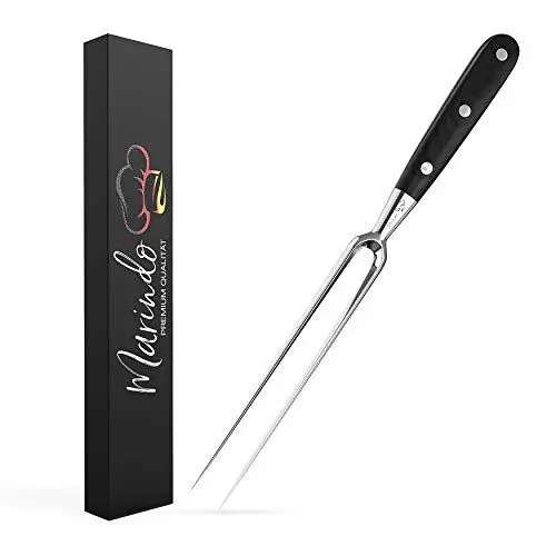 Produktbild: Marindo Profi Fleischgabel Edelstahl 31,5cm | Fleischgabel mit Holzgriff & 17cm Klingenlänge | Grillgabel, Bratengabel, Tranchiergabel aus rostfreiem Edelstahl | Fleischgabel groß