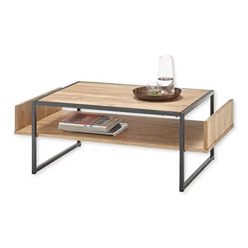 Produktbild: MARLON Couchtisch Massivholz Eiche - Funktionaler Sofatisch mit Ablageboden und Metallgestell - 110 x 40 x 60 cm (B/H/T)