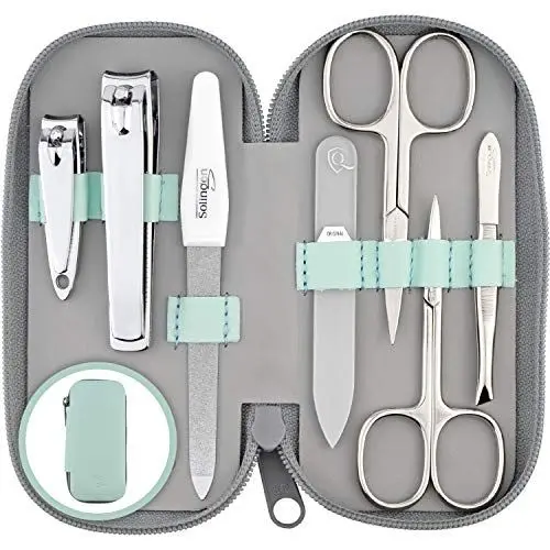Produktbild: marQus Maniküre Set Damen und Herren Solingen Made in Germany 7 Teile mit patenierter Glasfeile für Hand- und Fußpflege - Echt Leder Etui handlich und weich